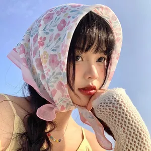 Elegant floral pattern cotton linen headscarf and neck scarf for spring fashion