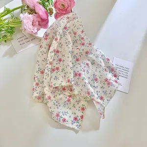 Elegant cotton linen floral square neck scarf with pink and purple flower pattern