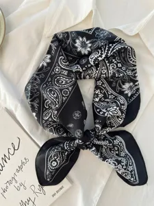 Elegant French retro paisley print black and white silk square scarf hair band