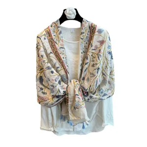 Floral printed summer thin silk shawl with blue tassels for chic sun protection