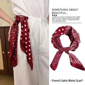 Retro French style red paisley and polka dot satin waist scarf belt accessory for women