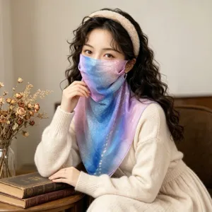 Detailed view of a stylish gradient sun protection silk face mask worn by an Asian model