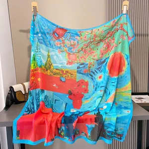 Pañuelo cuadrado de satén estilo Van Gogh con vibrantes estampados de arte impresionista