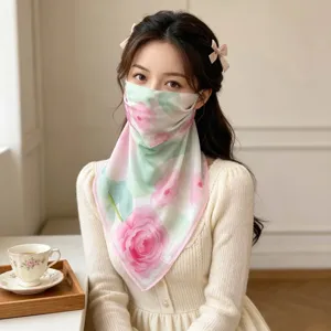 Close-up detail of breathable floral UV face mask scarf for elegant sun protection