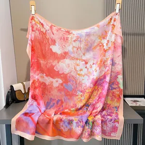 Pañuelo Cuadrado de Satén para Mujer 110x110cm Efecto Seda Estampado Artístico Floral al Óleo Bufanda Chal Playa Accesorio Moda