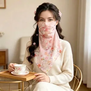 Asian model wearing a pink floral sun protection scarf mask with elegant hair accessories