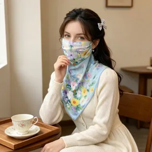 Elegant floral print sunscreen silk scarf mask providing full neck UV protection