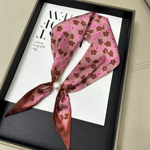 Elegant pink floral silk scarf with large pearl magnetic buckle necktie