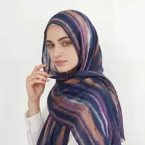 Women Retro Ombre Pleated Viscose Scarf Ethnic Gradient Striped Long Hijab Shawl Fringed Lightweight Printed Headwrap