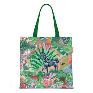 Large capacity canvas tote bag featuring a vibrant jungle and zebra illustration print