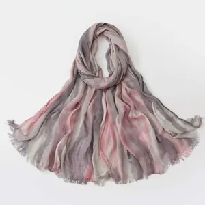 Elegant pink and grey gradient pleated striped scarf for women with fringe details
