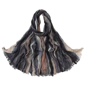Retro ethnic style gradient pleated stripe long scarf with frayed edges for women