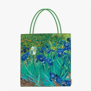 Artistic canvas tote bag featuring Van Gogh's Irises oil painting print for summer style