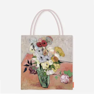 Detailed shot of the artistic Van Gogh floral oil painting on this canvas tote bag