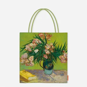 Detail view of a canvas tote bag featuring Van Gogh's vibrant Oleanders oil painting print.
