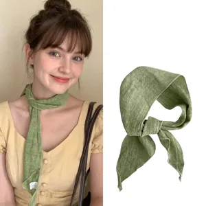 Japanese Minimalist Ramie Linen Skinny Scarf For Women Solid Color Summer Sun Protection Neck Scarf Thin Bandana Ribbon Accessory