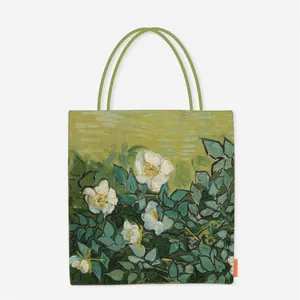 Detailed view of the artistic Van Gogh Wild Roses oil painting print on this canvas tote bag.