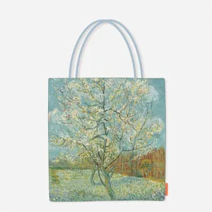 Detail of canvas tote bag featuring Van Gogh's iconic Almond Blossoms oil painting art print.