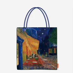 Detailed macro view of Van Gogh's Café Terrace at Night printed on a canvas tote bag