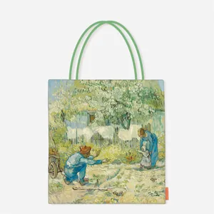 Detailed view of Van Gogh First Steps painting on canvas tote bag with green handles