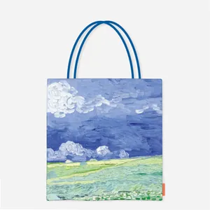 High-quality detail of Van Gogh oil painting landscape print on a large canvas tote bag