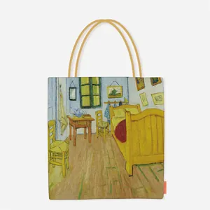 Detail showing the Van Gogh Bedroom in Arles oil painting on a canvas tote bag
