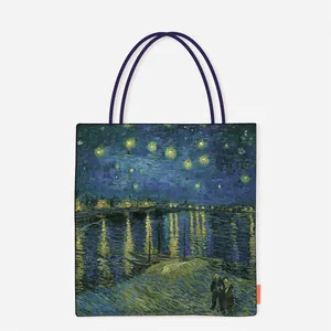Premium canvas tote bag featuring Van Gogh's Starry Night Over the Rhône painting
