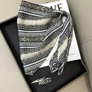 Elegant black and beige floral striped triangular silk scarf for waist accessory