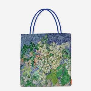 Detailed view of Van Gogh Blossoming Chestnut Branches printed on a canvas tote bag