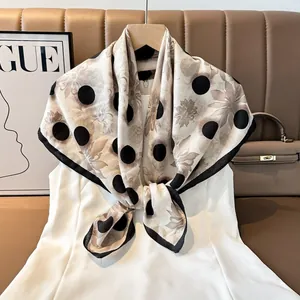Elegant French style polka dot floral 90cm square scarf for sun protection and fashion