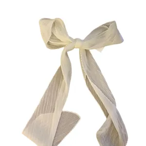Elegant off-white pleated long ribbon scarf for hair or bag styling accessories