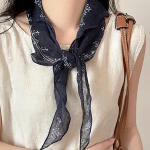 Retro navy blue floral 100% linen scarf neckerchief for women's outfit accessory