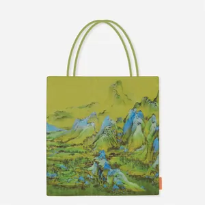 Canvas tote bag featuring a vibrant traditional Chinese landscape painting print detail.