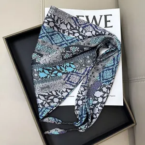 Elegant blue and black paisley print triangle silk scarf for women waist accessory