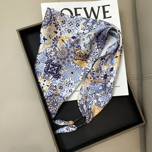 Elegant vintage style blue and yellow patterned triangle waist scarf with beaded ties