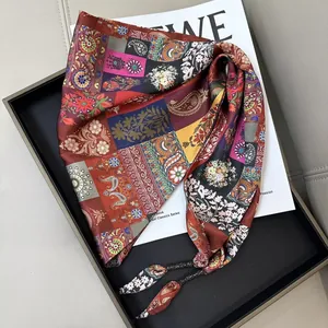 Elegant silk triangle waist scarf featuring colorful patchwork floral and paisley patterns