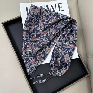 Elegant navy blue paisley silk scarf bandana with beaded straps for waist styling