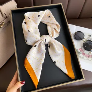 Elegant French style silk scarf with polka dot and grid pattern in mustard orange finish