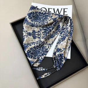 Elegant blue damask pattern silk triangular scarf waist belt for women luxury style