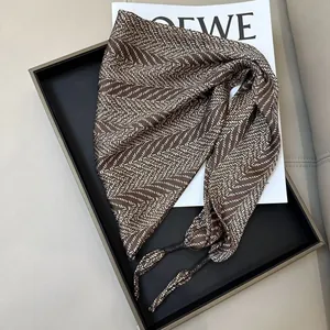 Elegant brown and white wavy pattern silk triangular scarf with premium refined texture