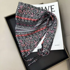 Elegant black patterned triangular silk waist scarf with ethnic floral and stripe design
