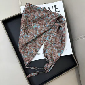 Elegant paisley pattern blue and brown triangular silk waist scarf with luxury feel