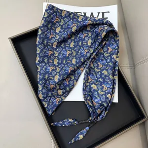 Elegant navy blue silk triangle scarf with luxury paisley pattern and beaded fringe