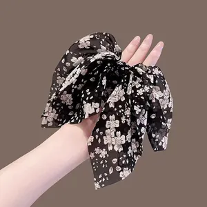 Vintage Korean Style Floral Mesh Scrunchie With Long Ribbon Bow Elegant Black White Flower Hair Tie Fashion Hair Accessories For Women