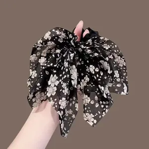 Elegant retro floral mesh hair scrunchie with long streamers for women ponytail
