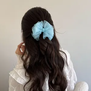 Light blue checkered mesh bow hair clip for elegant Korean style female hairstyles