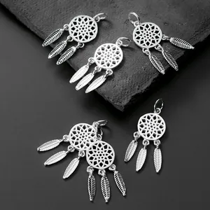 S925 sterling silver dreamcatcher charm pendants with feather tassels for DIY jewelry