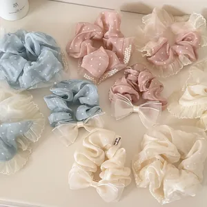 Französisches Polka Dot Herz Scrunchie Für Frauen Schleife Künstliche Perle Satin Gaze Haargummi Pferdeschwanz Halter Haarschmuck