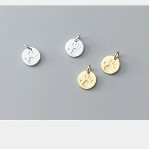 925 Sterling Silver Palm Footprint Charms Round Pendant Only For DIY Jewelry Making Handprint Small Dainty Findings Gift