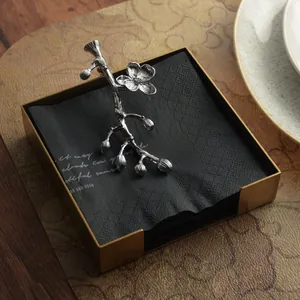 Caja de Almacenamiento de Pañuelos Cuadrada Creativa de Acero Inoxidable Soporte Para Servilletas Con Pesa de Rama de Azahar Plateada Para Restaurante Hotel Decoración Hogar Oro Plata